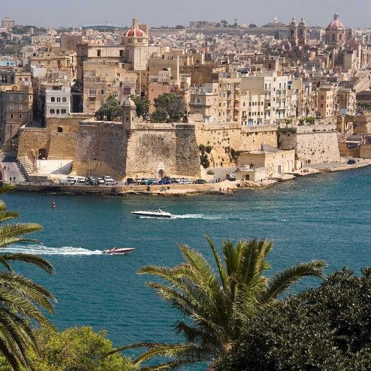A view across the blue harbor to the historic stone fortifications and church domes of Senglea, Malta, framed by palm trees.